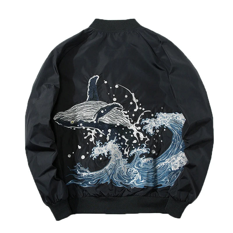 Japanese Whale Embroidered Bomber Jacket Black