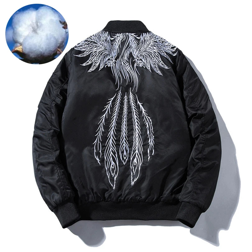 Phoenix Embroidered Bomber Jacket Cotton Padded Silver