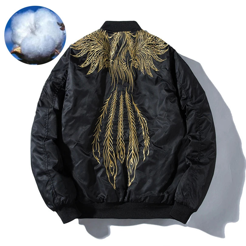 Phoenix Embroidered Bomber Jacket Cotton Padded Gold