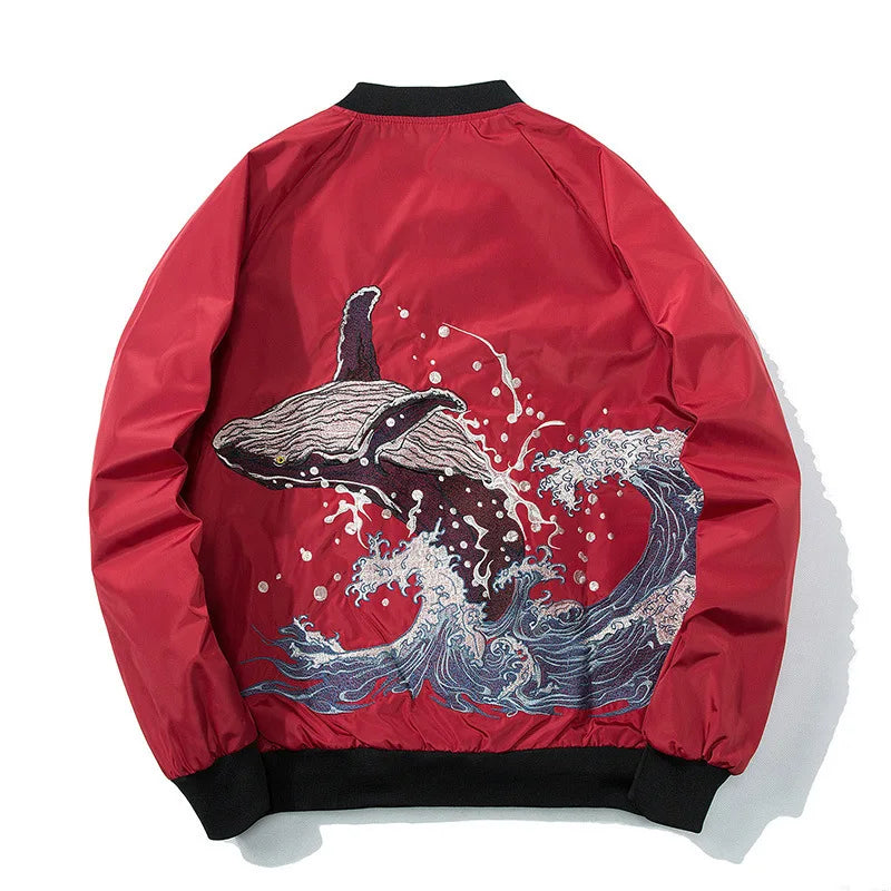 Japanese Whale Embroidered Bomber Jacket Red