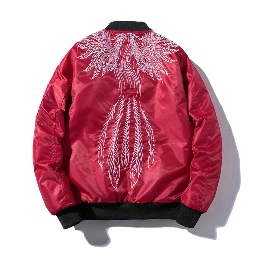 Phoenix Embroidered Bomber Jacket Spring Thin Red
