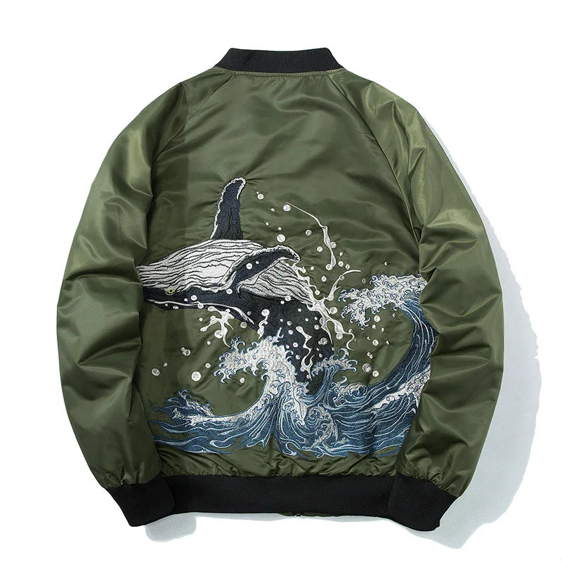 Japanese Whale Embroidered Bomber Jacket Army Green