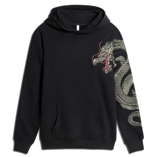 Japanese Dragon Embroidery Hoodie black