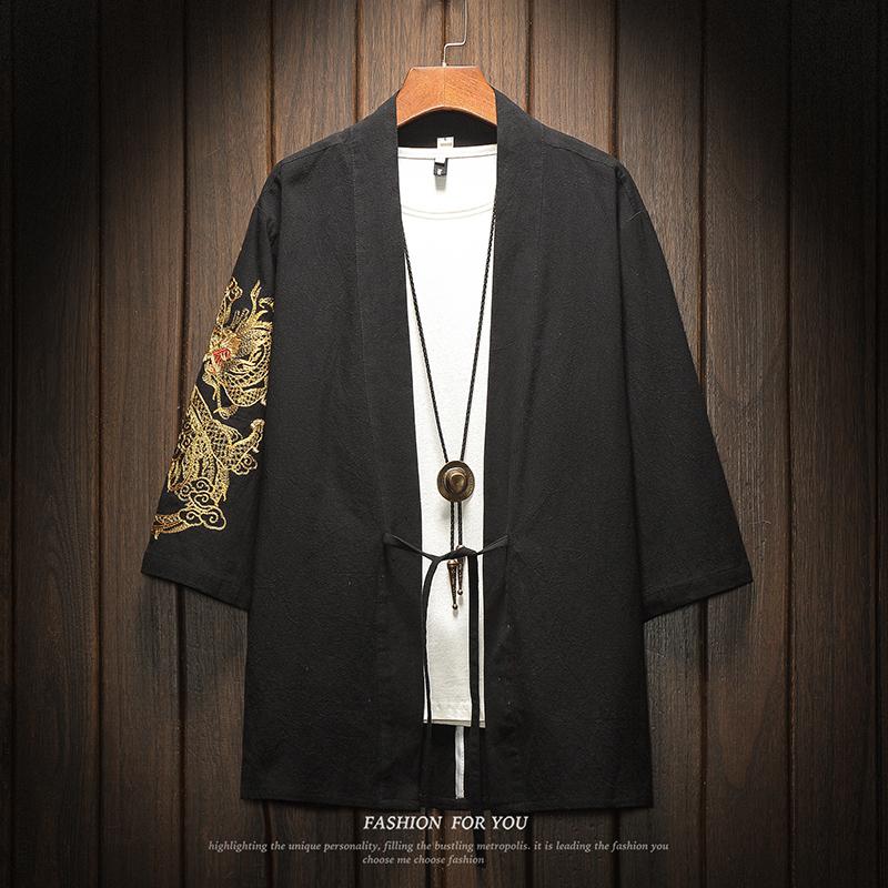Japanese Dragon Embroidered Kimono Shirt Black Kimono Shirt