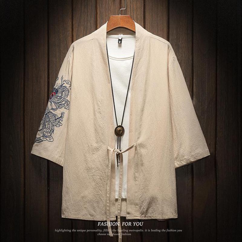 Japanese Dragon Embroidered Kimono Shirt Khaki Kimono Shirt