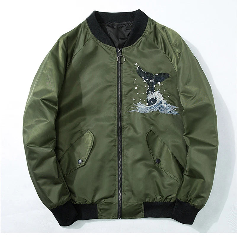 Japanese Whale Embroidered Bomber Jacket