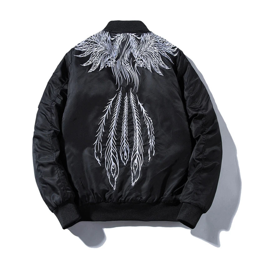 Phoenix Embroidered Bomber Jacket Spring Thin Silver