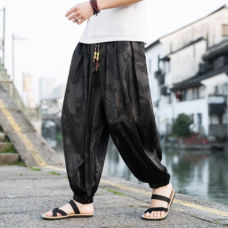 Japanese Style Dragon Print Pants black V2