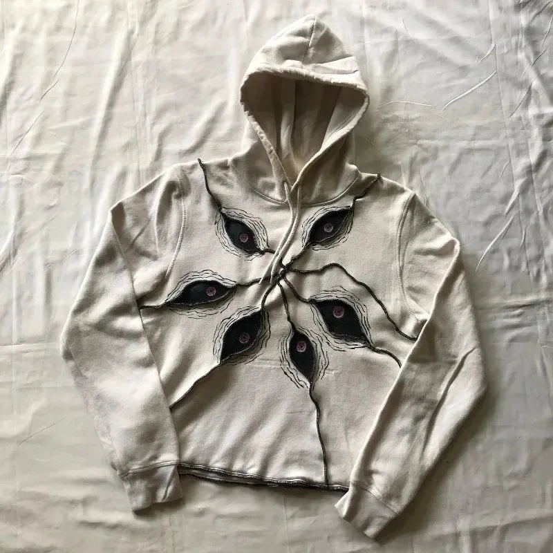 Japanese Y2K Gothic Eye Embroidery Hoodie White