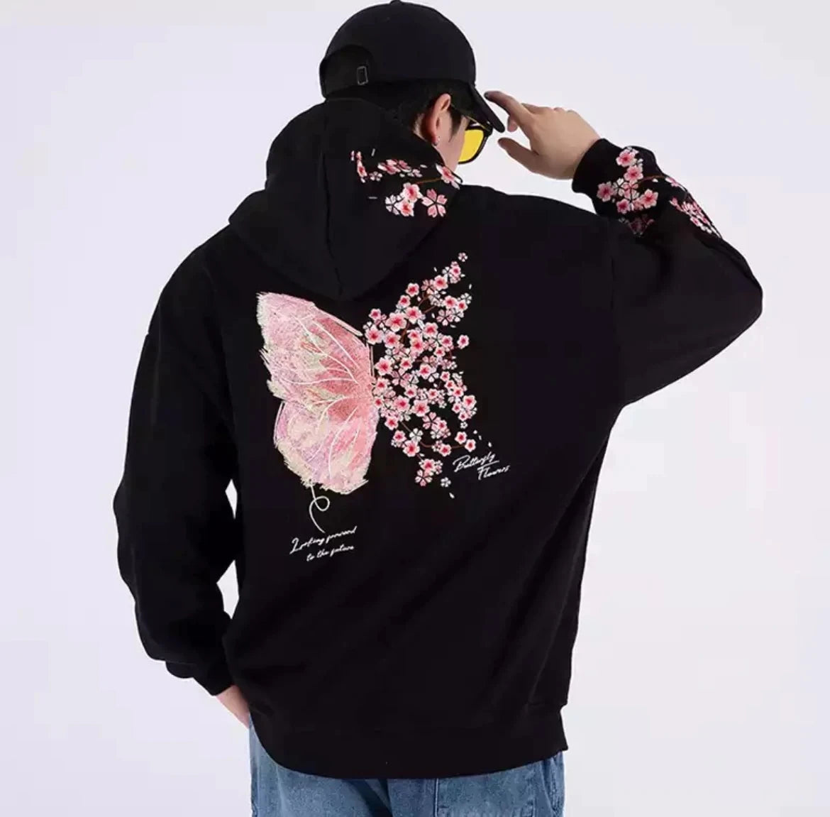 Japanese Butterfly Embroidery Hoodie Black