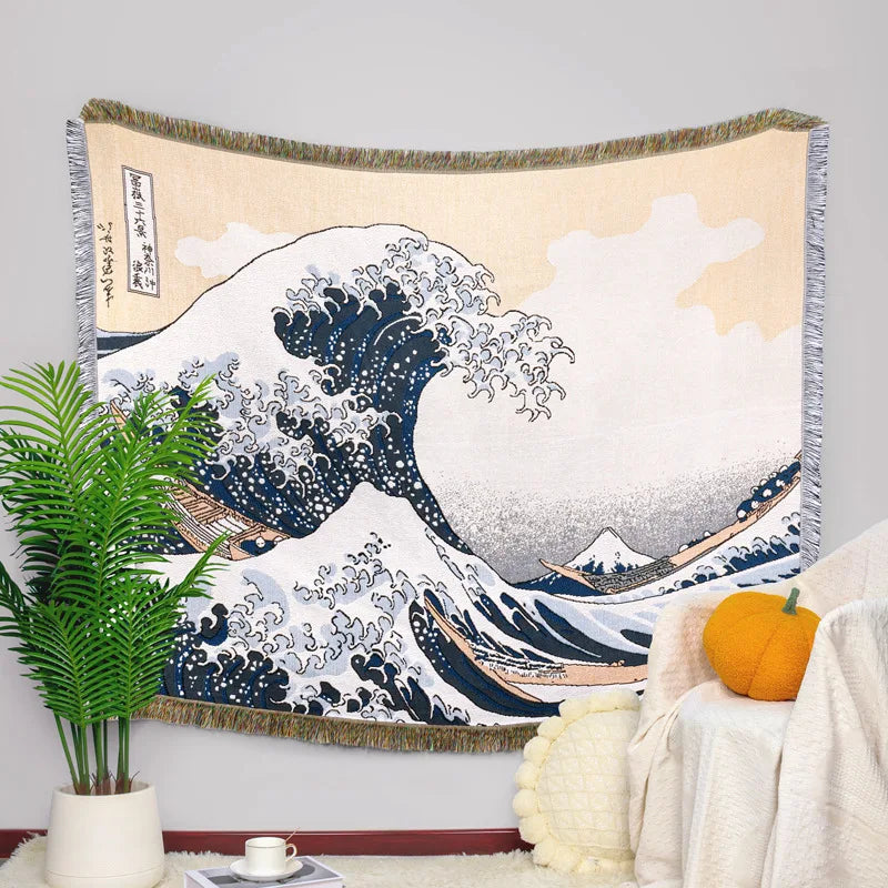 Japanese Style Great Wave Woven Rug
