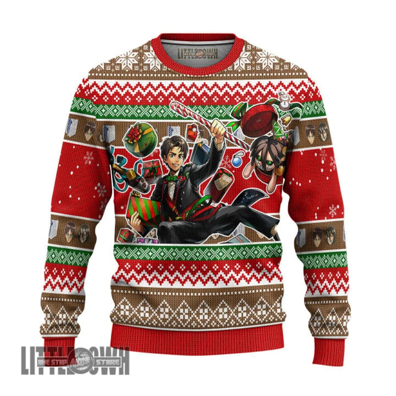 Attack On Titan Characters Ugly Sweater Red Green