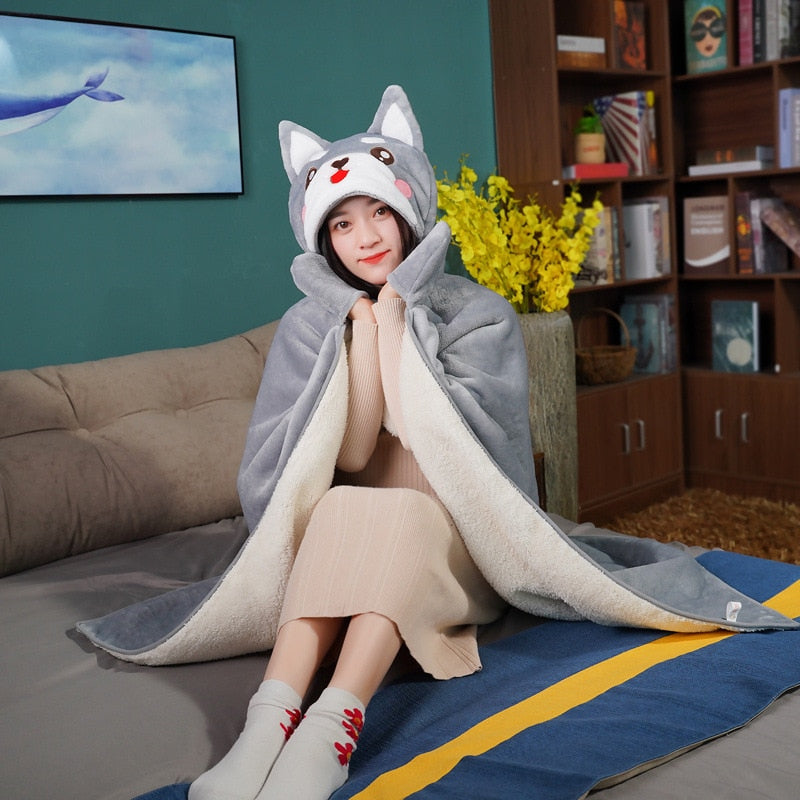 Shiba Inu Japanese Comfy Blanket Hoodie Grey A