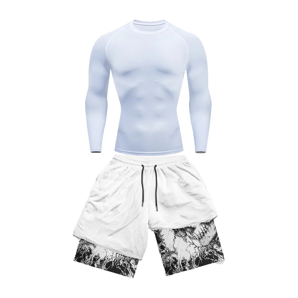 Anime Compression tshirt and Shorts Combo White