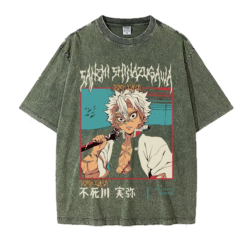 Demon Slayer Sanemi Shinazugawa Vintage Tshirt Olive Green