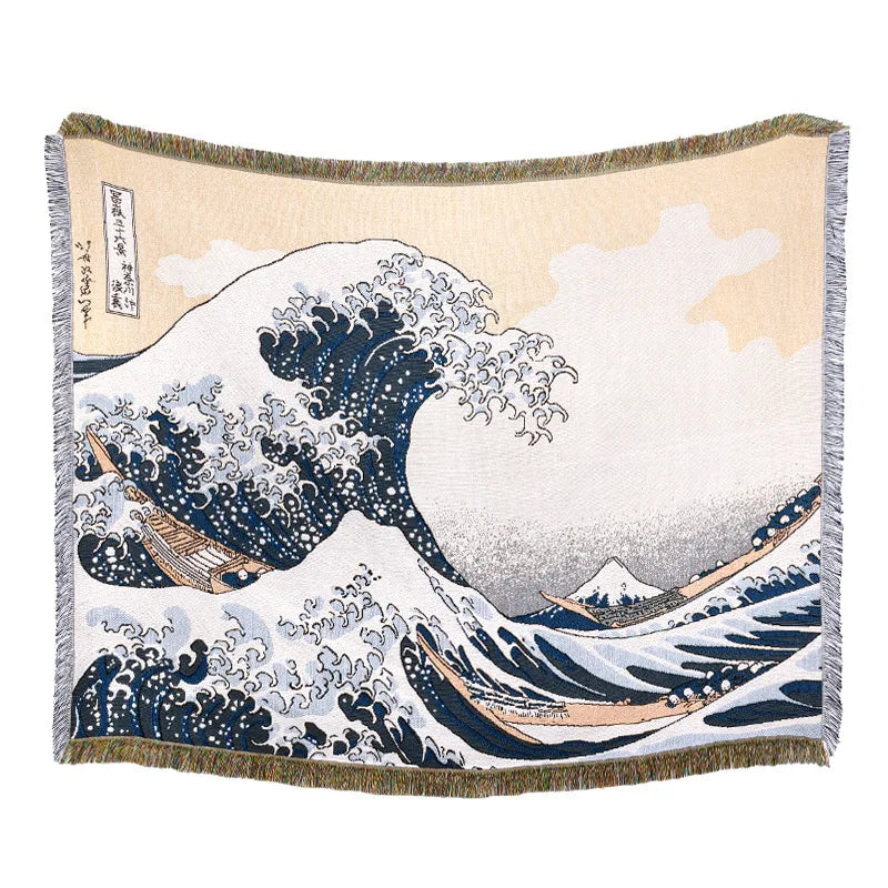 Japanese Style Great Wave Woven Rug Blue