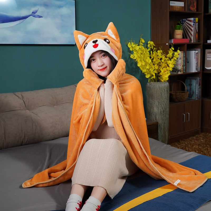 Shiba Inu Japanese Comfy Blanket Hoodie Brown A