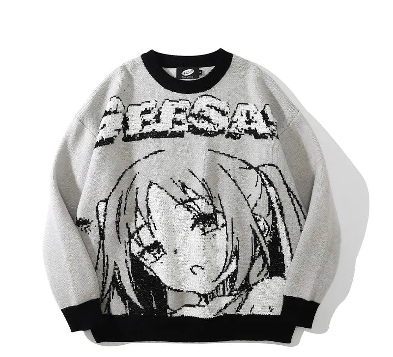 Japanese Anime Girl Sweater Light Gray