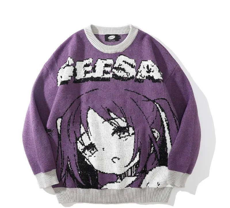 Japanese Anime Girl Sweater Purple