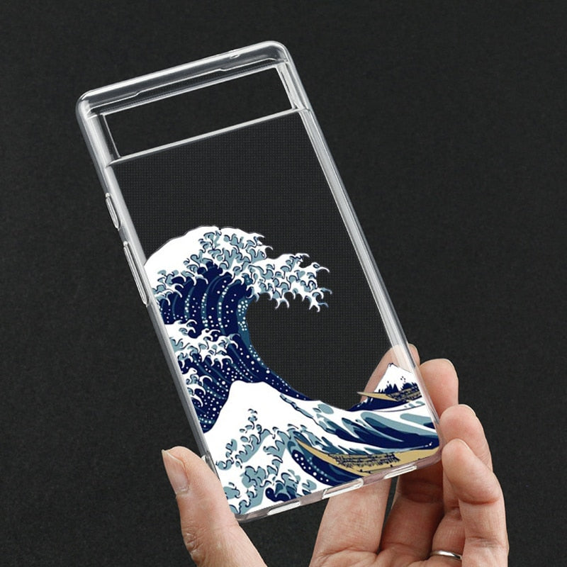 Japanese Great Blue Wave Clear Phone Case Google Pixel Style 8
