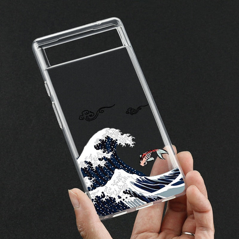 Japanese Great Blue Wave Clear Phone Case Google Pixel Style 1