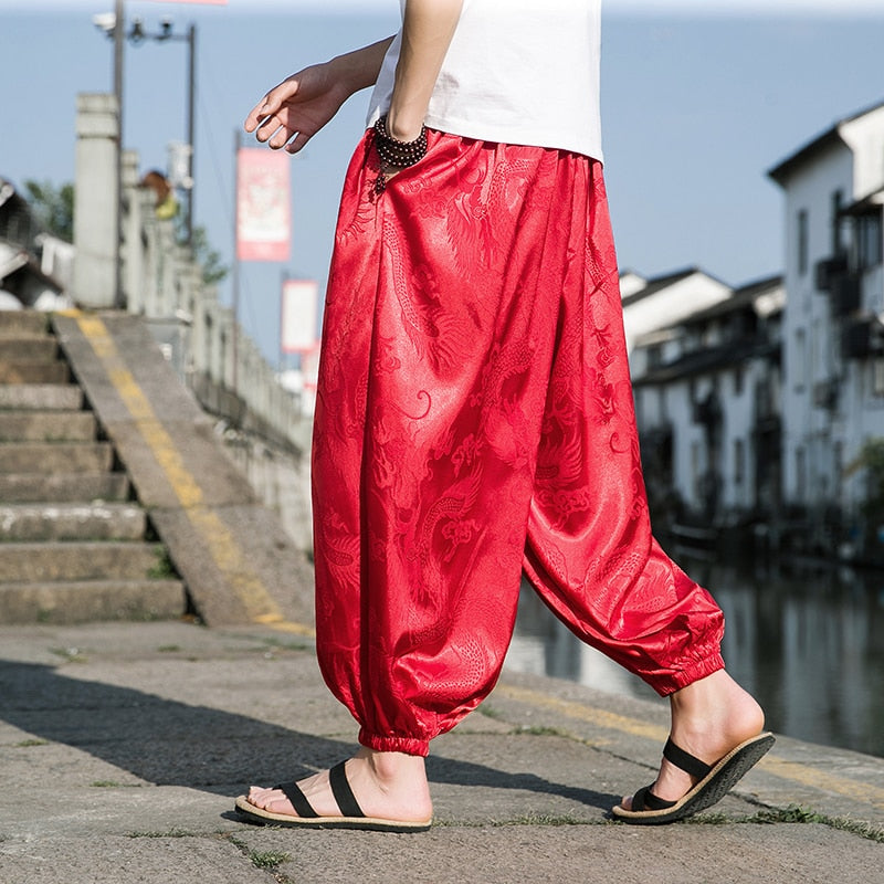 Japanese Style Dragon Print Pants red
