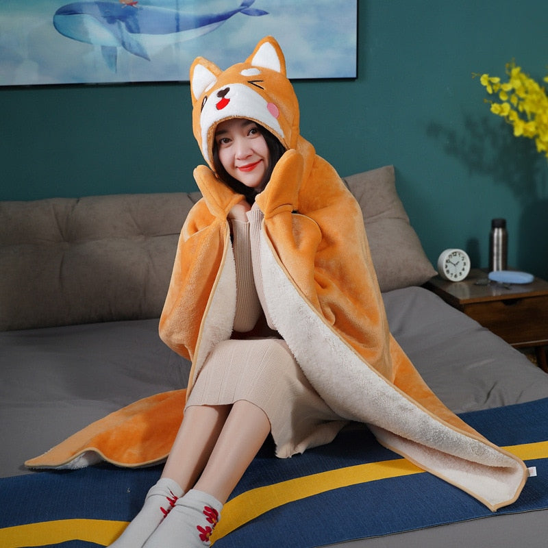 Shiba Inu Japanese Comfy Blanket Hoodie Brown B