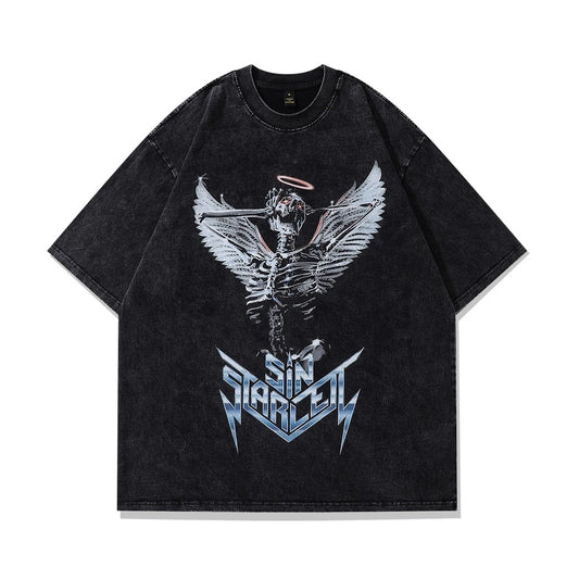 Japanese Skulls Angel Bleached Oversized T-shirt Black