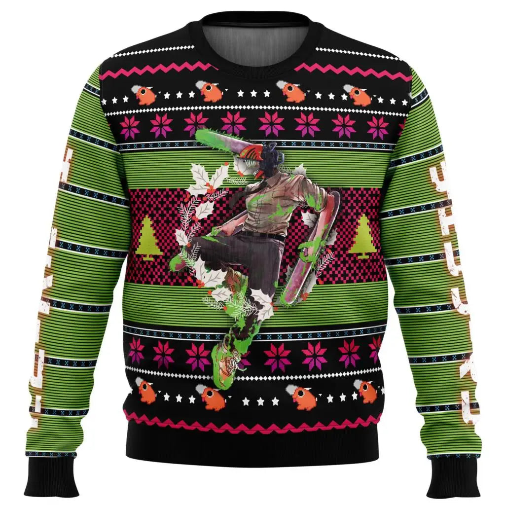 Chainsaw Man Characters Ugly Christmas Sweater Green