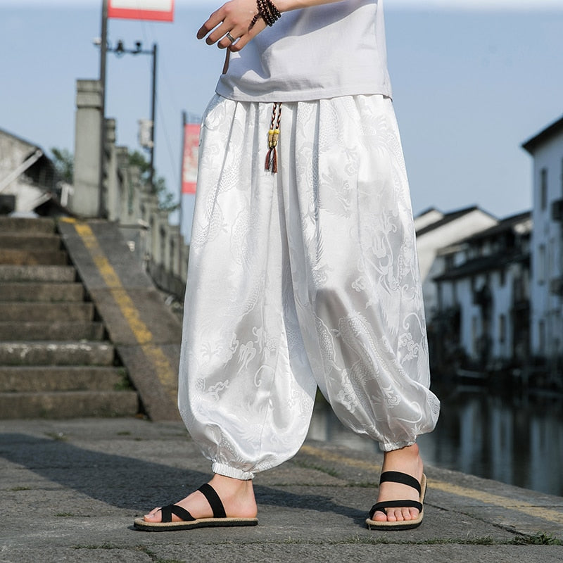 Japanese Style Dragon Print Pants white