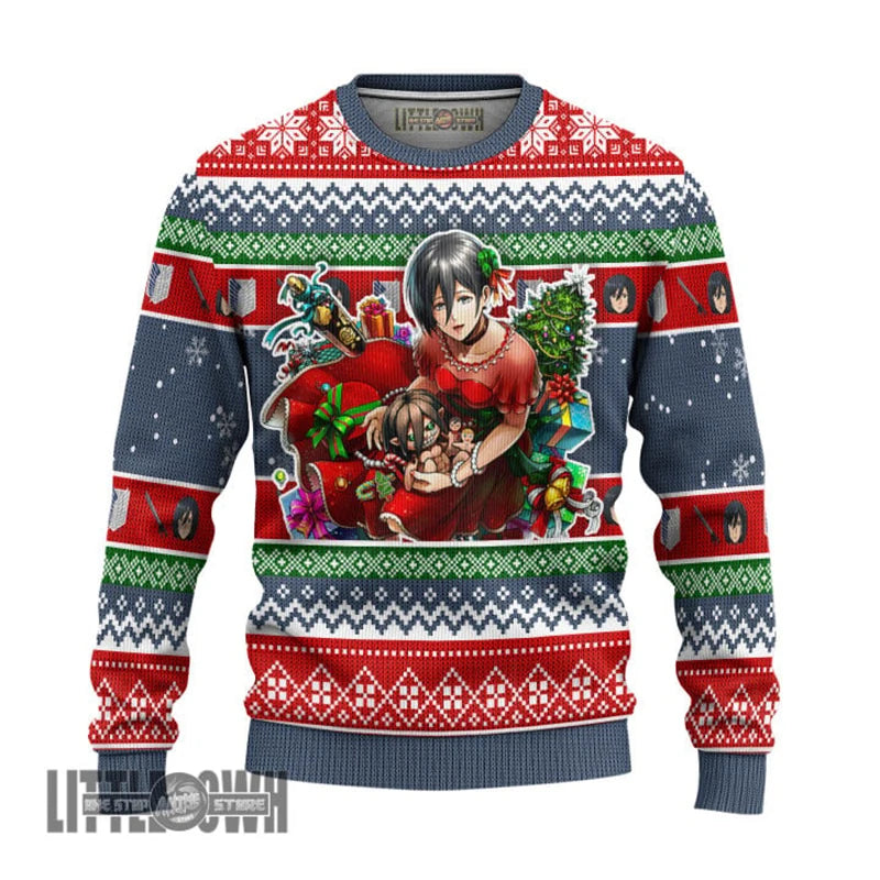 Attack On Titan Characters Ugly Sweater Dark Red