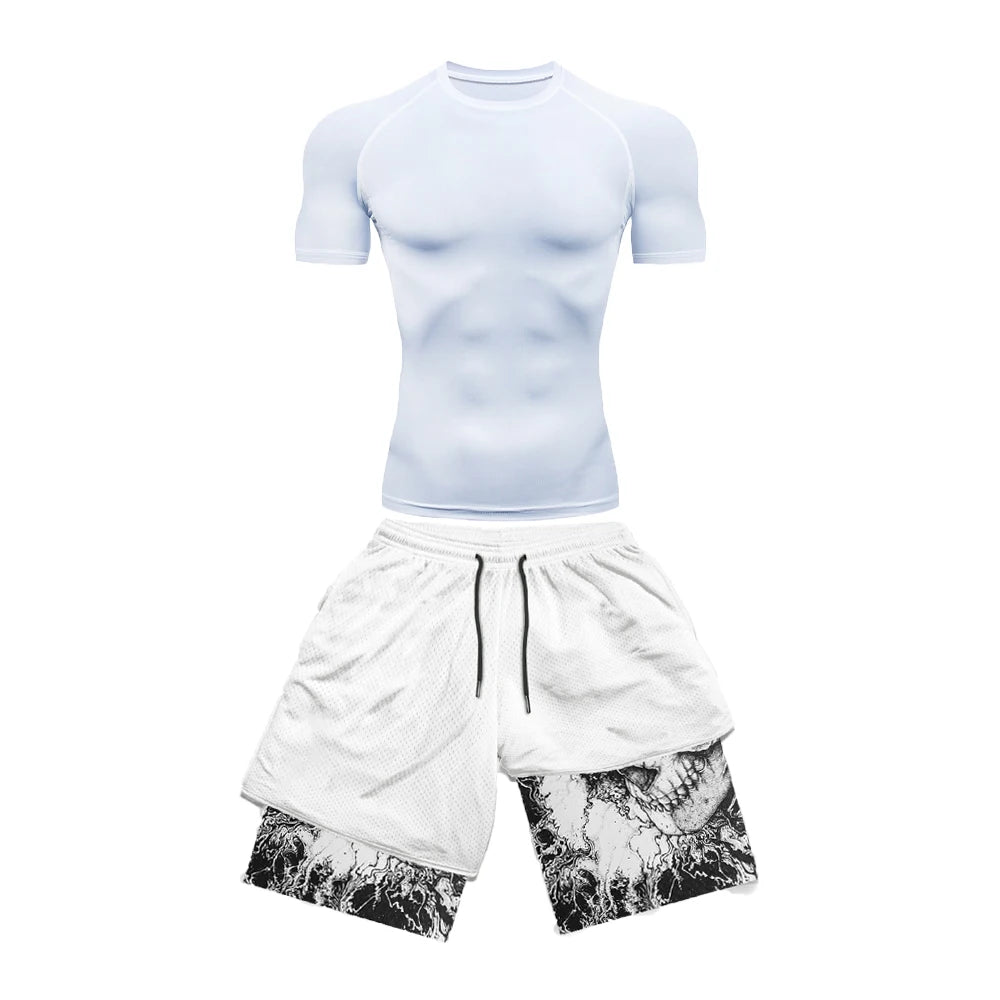 Anime Compression tshirt and Shorts Combo White 2