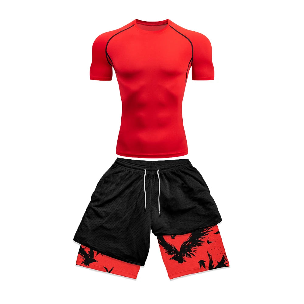 Anime Compression tshirt and Shorts Combo Red 2