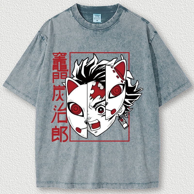 Demon Slayer Tanjiro Vintage Anime T-shirt Sky blue