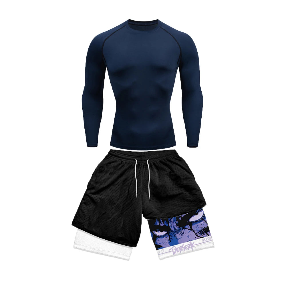 Anime Compression tshirt and Shorts Combo Blue