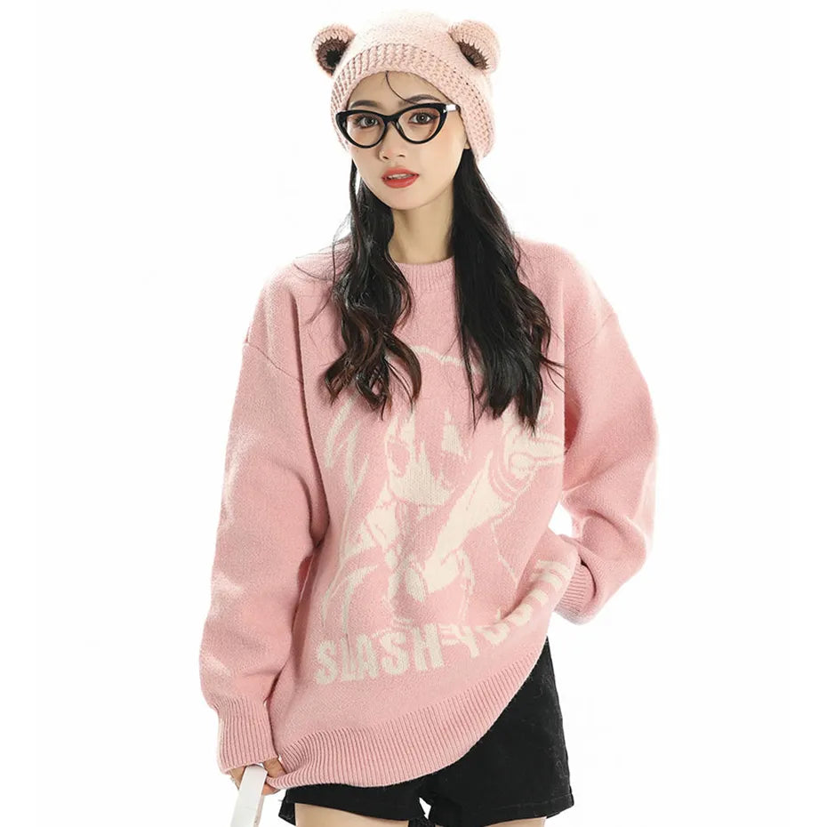 LATAHUO Long Sleeve Crewneck Anime Rapper Knit Sweater Harajuku Hip Hop Rap  Vintage Knitted Sweater Streetwear(Black, X-Small) at Amazon Women's  Clothing store