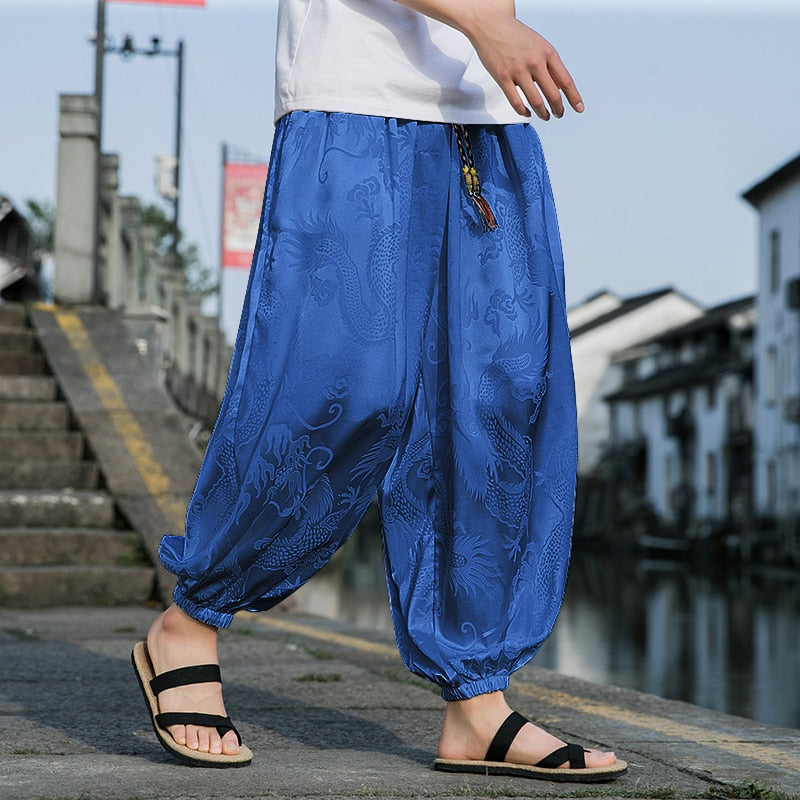 Japanese Style Dragon Print Pants blue