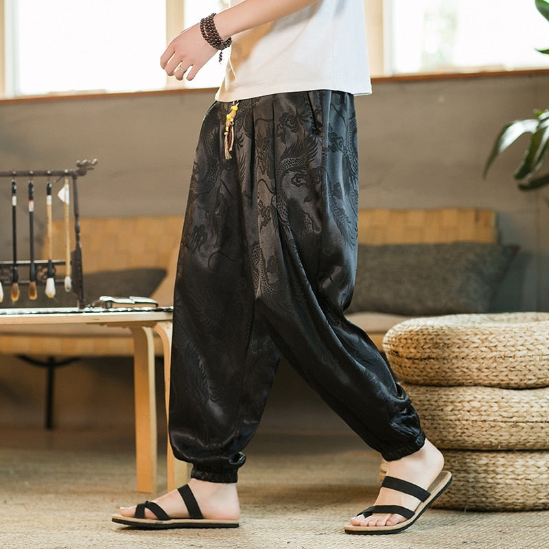 Japanese Style Dragon Print Pants black