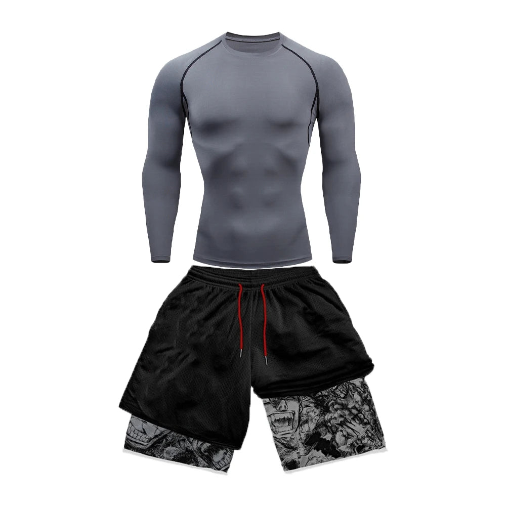 Anime Compression tshirt and Shorts Combo Grey