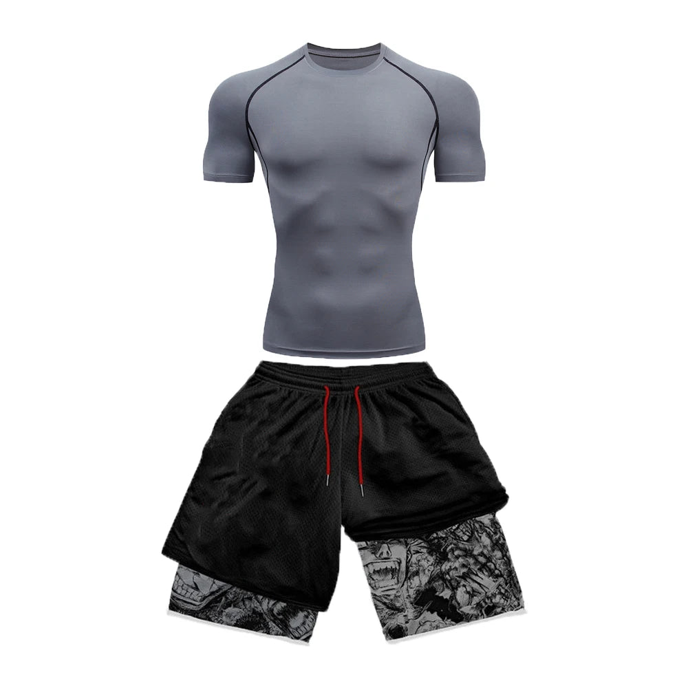 Anime Compression tshirt and Shorts Combo Grey 2