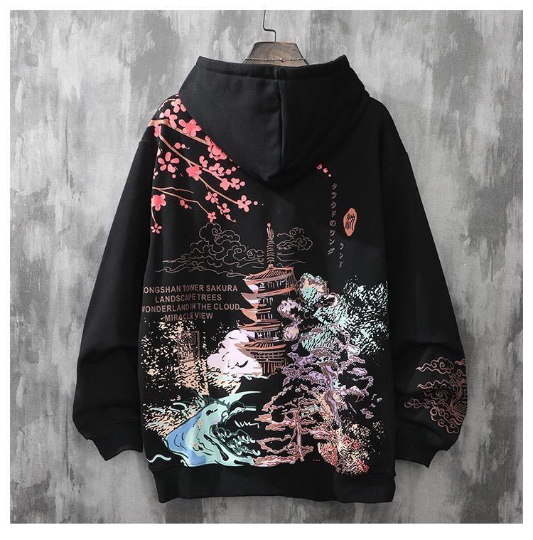 Japanese Sakura print hoodie Black